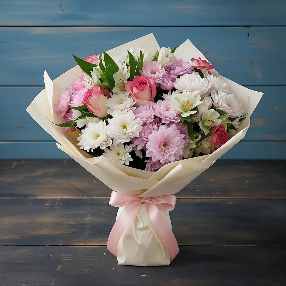 Букет цветов из: Хризантемы, Альстромерии и Розы в Отказном